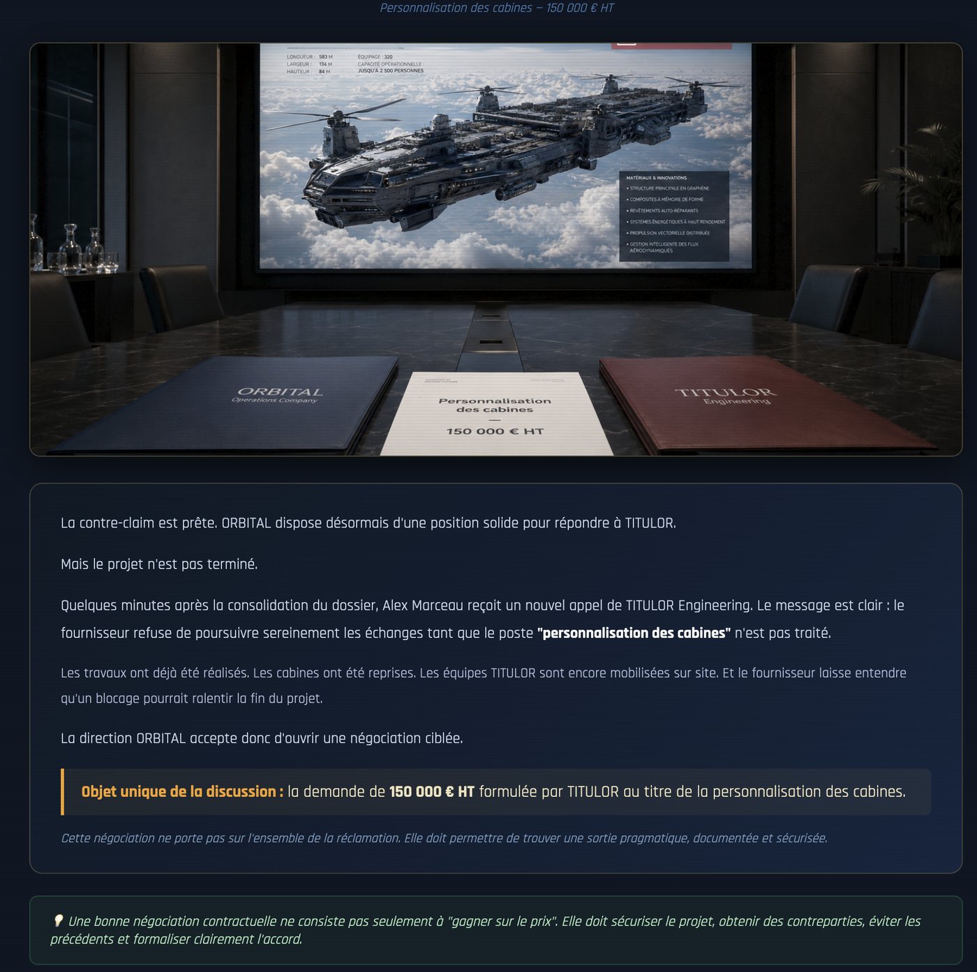Écran d'enquête contractuelle de l'escape game Claim Out